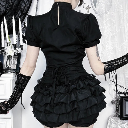 Gothic Moon Cathedral Embroidery Lace Trim Puff Sleeve Top