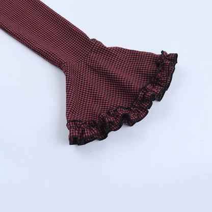 Gothic Alt Goth Red Plaid Flare Sleeve Collared Shirt Dress