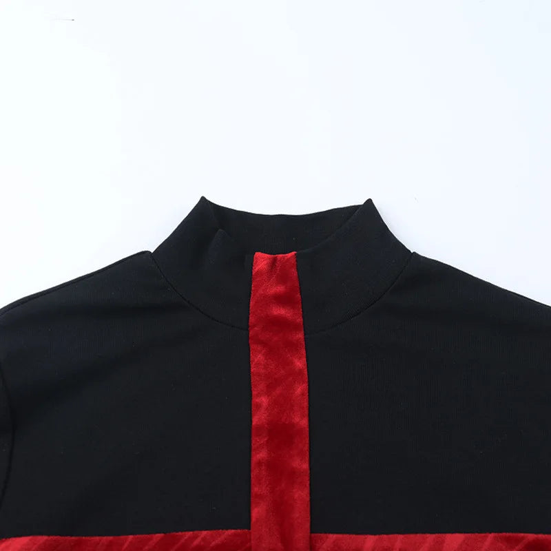 Gothic Y2K Alt Goth Cross Red Patchwork Long Sleeve Top