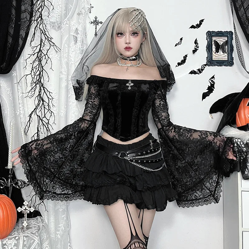 Gothic Romantic Goth Off Shoulder Bell Sleeve Lace Patchwork Top