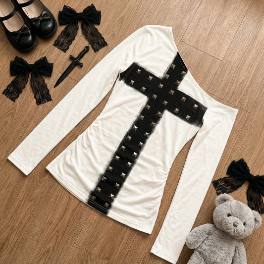 Gothic Y2K Alt Goth Cross Studded Off Shoulder Long Sleeve Top