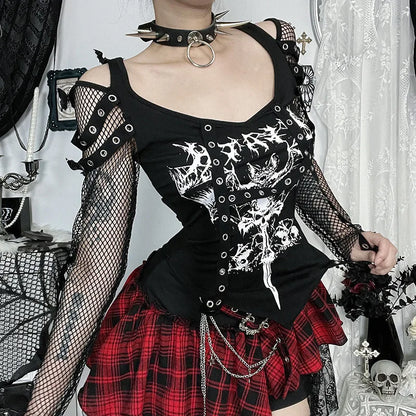 Gothic Alt Goth Punk Fishnet Sleeves Grommet Strap Patchwork Printed Top