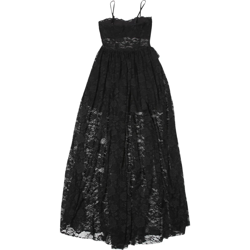 Gothic Lace Jacquard Patchwork Summer Spaghetti Strap Long Dress