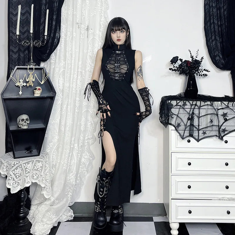 Alt Gothic Sheer Lace Up Side Slit Turtle Neck Long Dress