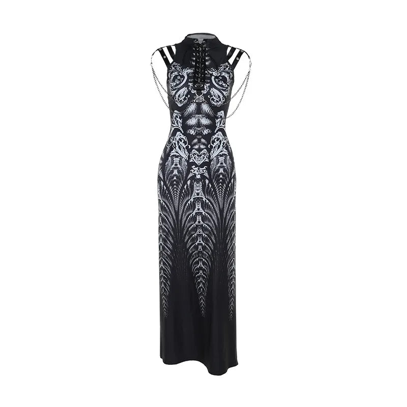 Gothic Alt Goth Cyberpunk Print High Slit Bodycon Long Dress ROCK 'N DOLL Gothic Alt Goth Cyberpunk Print High Slit Bodycon Long Dress ROCK 'N DOLL