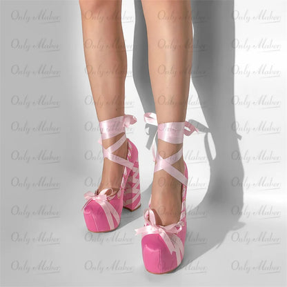 Gothic Lolita Harajuku Bow Ribbon Lace-up Ballet Pumps Platform Heels Shoes (available in 12 colors)