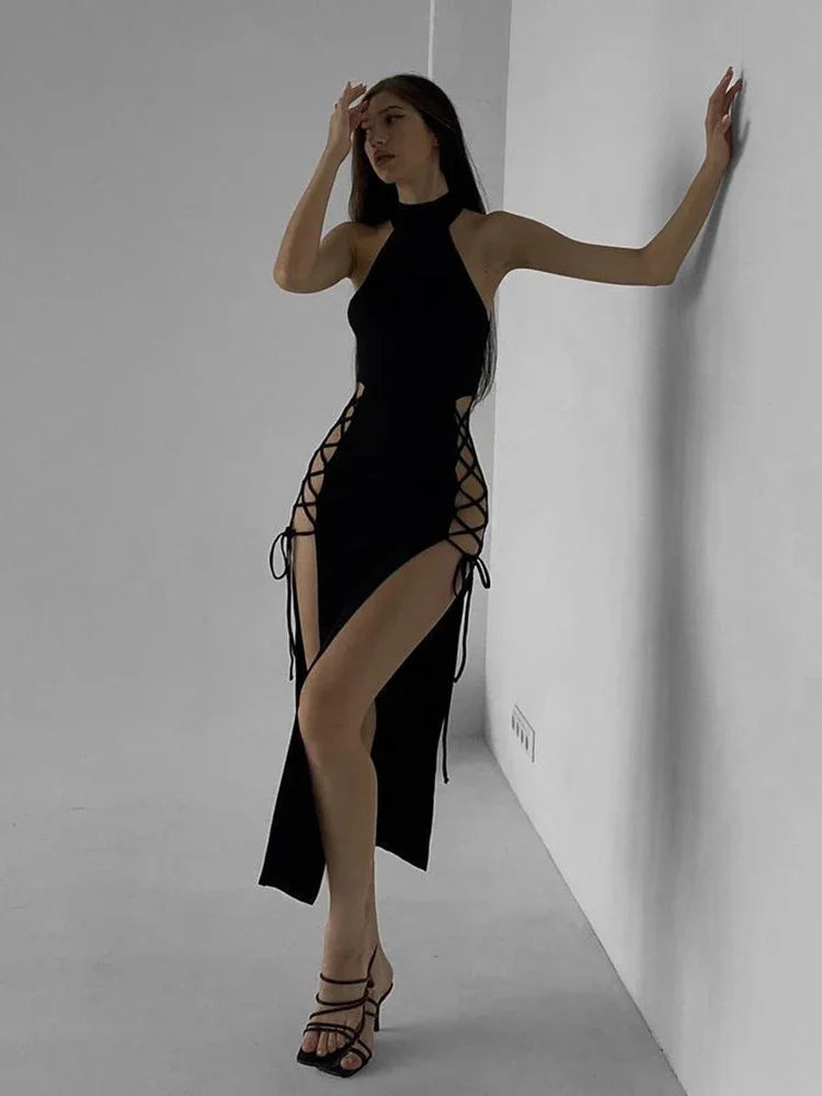 Gothic Alt Goth Dark Cosplay Lace Up High Slit Dress