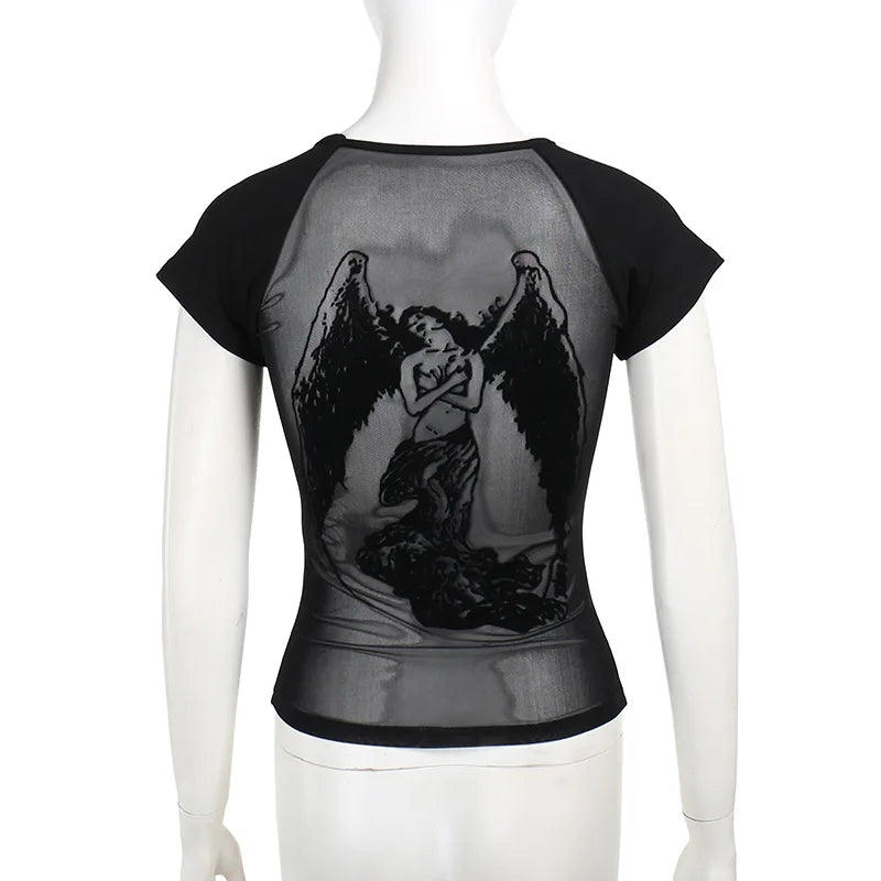 Gothic Y2K 90s Goth Dark Angel Sheer Back Shirt Top