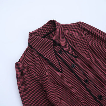Gothic Alt Goth Red Plaid Flare Sleeve Collared Shirt Dress