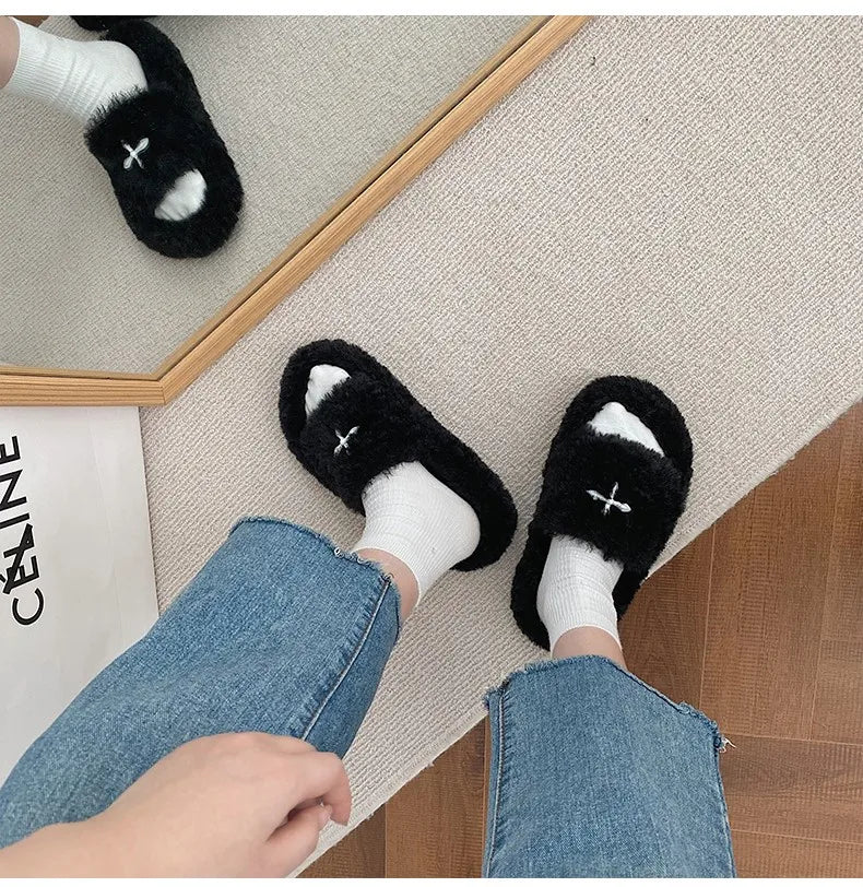 Y2K Cybergoth Faux Fur Slip On Furry Slides Slippers