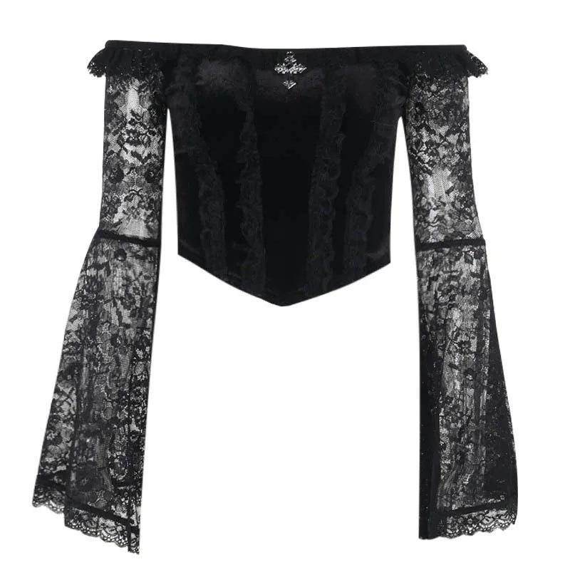 Gothic Romantic Goth Off Shoulder Bell Sleeve Lace Patchwork Top