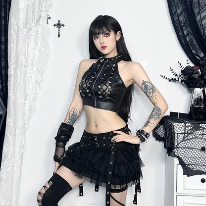 Alt Gothic Lace Up Zip Up Crop Tank Top Vest