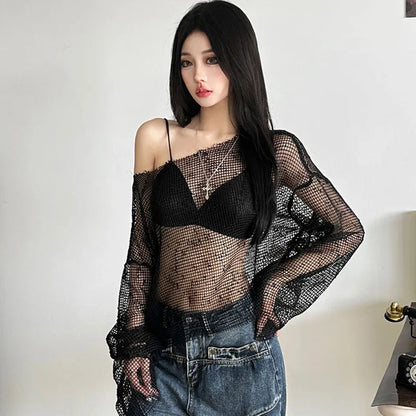 Gothic Y2K Alt Fishnet Mesh See Through Long Sleeves Top