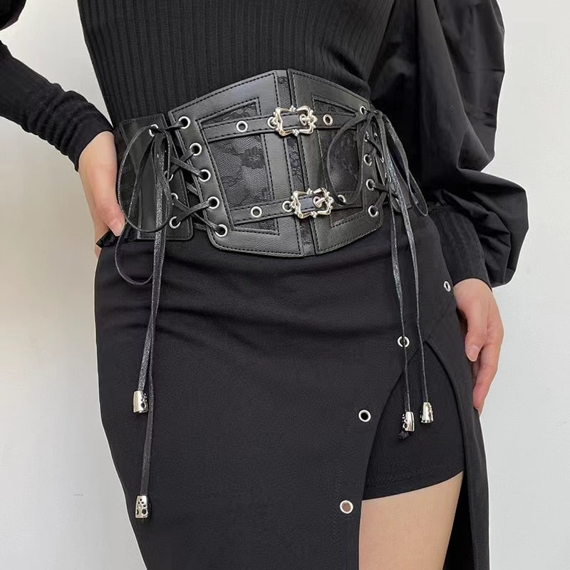 Gothic Leather Lace Buckles Wide Corset Belt