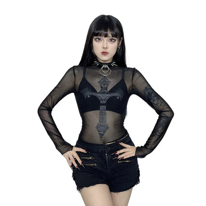 Gothic Alt Goth Cross Mesh Top