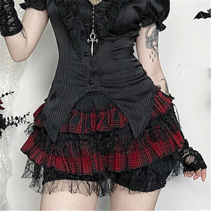 Gothic Harajuku Red Plaid Black Lace Patchwork Bloomers Shorts