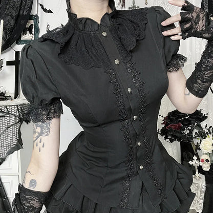 Gothic Victorian Romantic Ruffles Lace Patchwork Short Sleeve Blouse Top