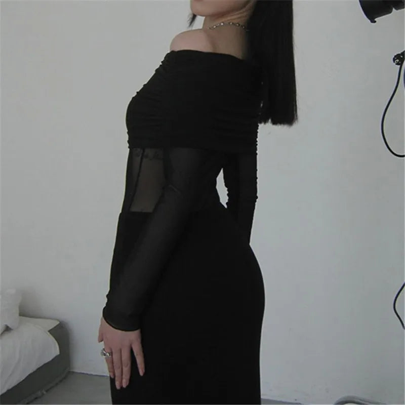 Gothic Romantic Off Shoulder Mesh Patchwork Long Sleeves Long Dress