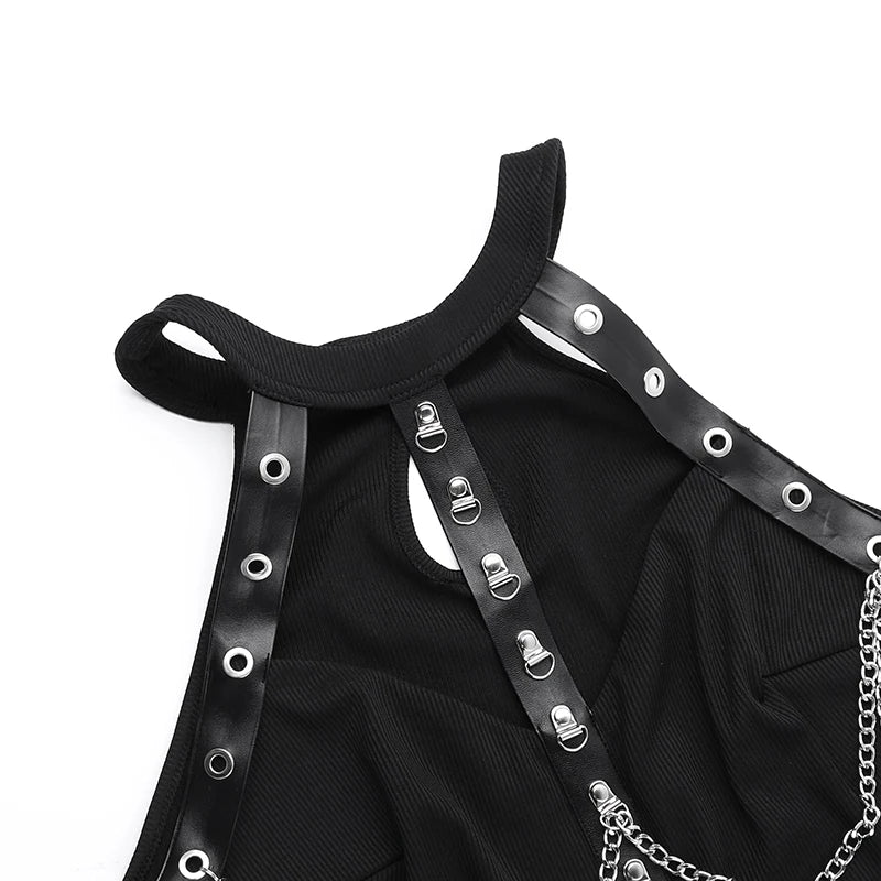 Gothic 90s Goth Faux Chain Body Harness Halter Dress