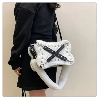 Gothic Alt Goth Y2K Bone Plush Studded Crossbody Shoulder Bag (available in 2 colors)