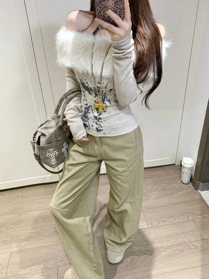 Gothic Y2K Off Shoulder Faux Fur Collar Printed Top (available in 2 colors)