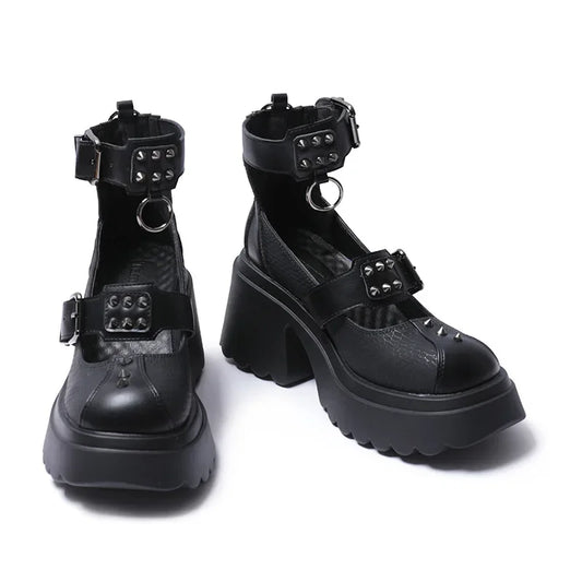 Gothic Alt Goth Punk Spikes Ring Rivets Platform Heels Mary Janes Pumps