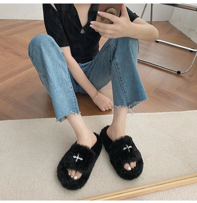 Y2K Cybergoth Faux Fur Slip On Furry Slides Slippers