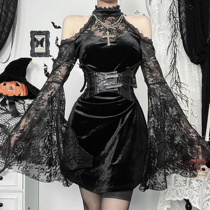 Gothic Alt Goth Cold Shoulder Bell Lace Sleeves Halter Mini Dress
