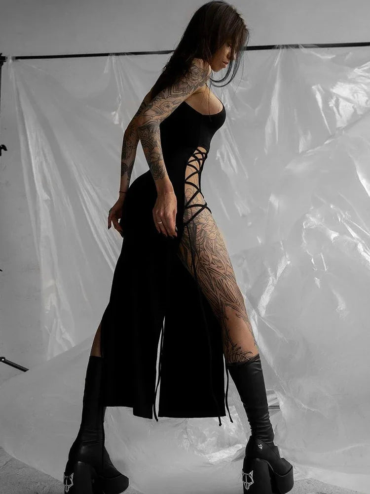 Gothic Alt Goth Dark Cosplay Lace Up High Slit Dress