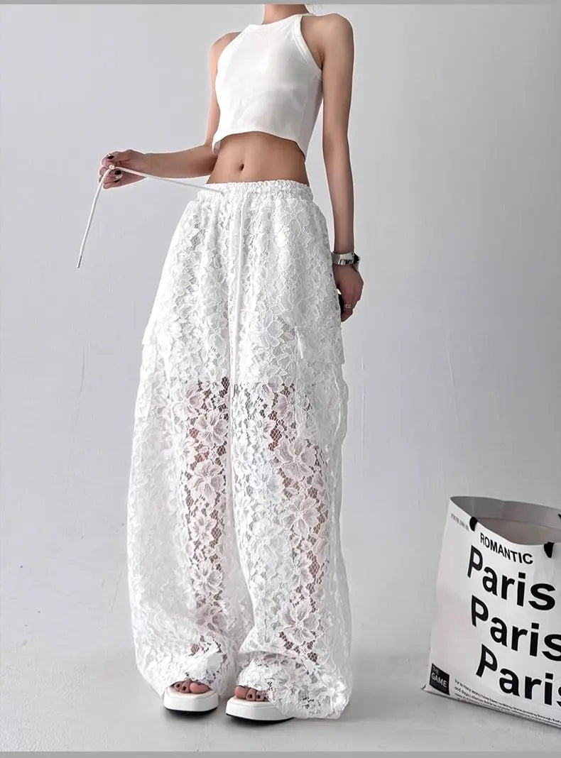 Gothic Y2K Summer Lace Wide Leg Pants (available in 2 colors)
