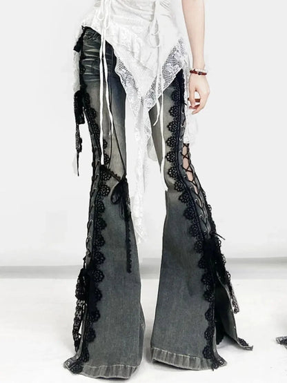 Gothic Y2K Alt Goth Eyelet Lace Up Bell Bottom Flare Jeans Pants