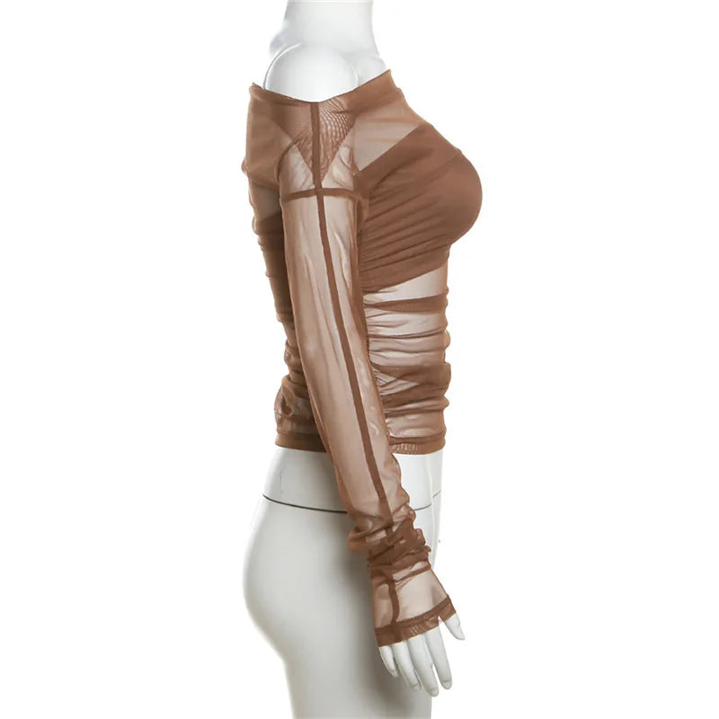 Gothic Alt Goth Off Shoulder Sheer Mesh Long Sleeve and Inner Tube Top Set