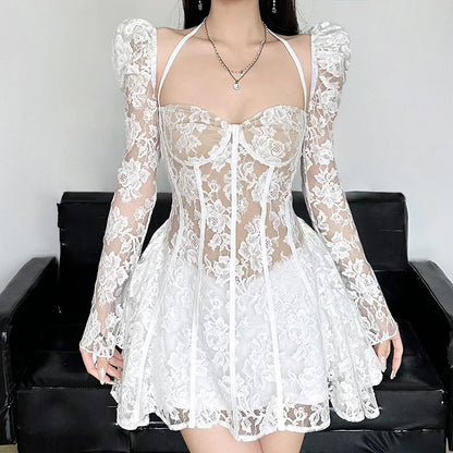 Gothic Romantic Goth Puff Sleeve Corset Waist White Lace Mini Dress