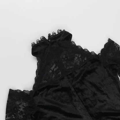 Gothic Alt Goth Cold Shoulder Bell Lace Sleeves Halter Mini Dress