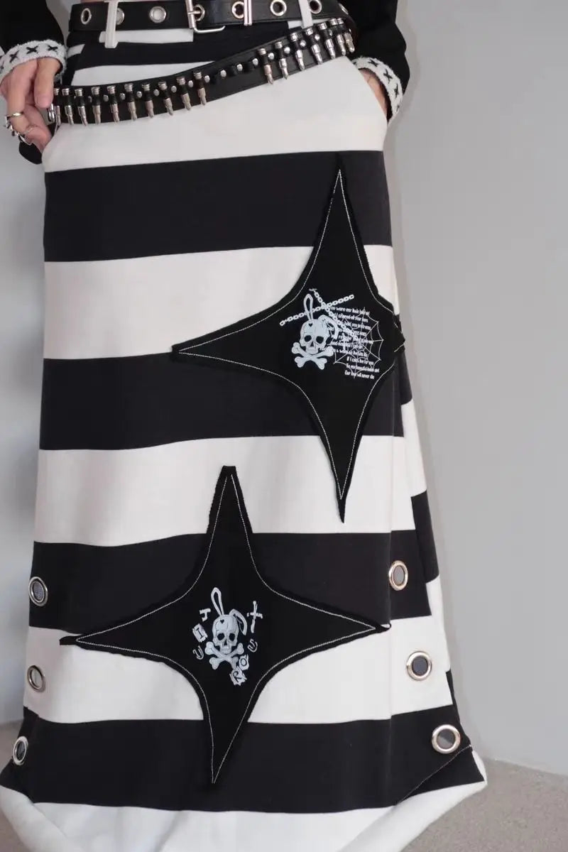 Alt Gothic Y2K Harajuku Black White Stripes Skull Patchwork Straight Tube Long Skirt