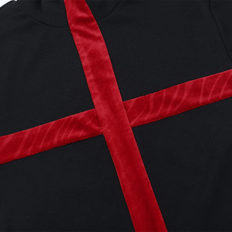 Gothic Y2K Alt Goth Cross Red Patchwork Long Sleeve Top