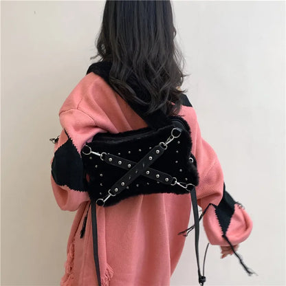 Gothic Alt Goth Y2K Bone Plush Studded Crossbody Shoulder Bag (available in 2 colors)