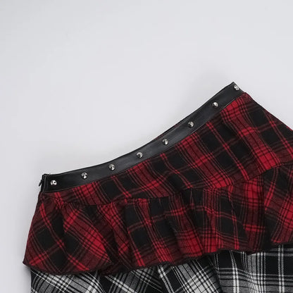 Alt Gothic Grunge Irregular Hem Layered Plaid Mini Skirt