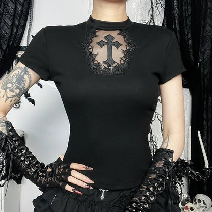 Gothic Alt Goth Vintage Cross Lace Patchwork Short Sleeve Top