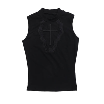 Gothic Coffin Shaped Sheer Cross Patchwork Sleeveless Top