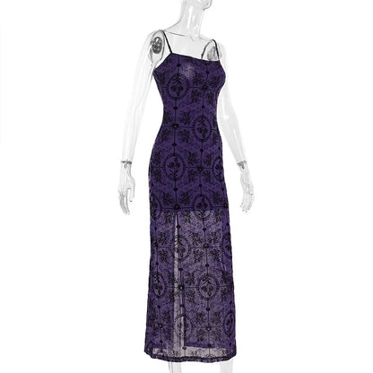 Gothic Alt Y2K Purple Sling Strap Sheer Maxi Dress