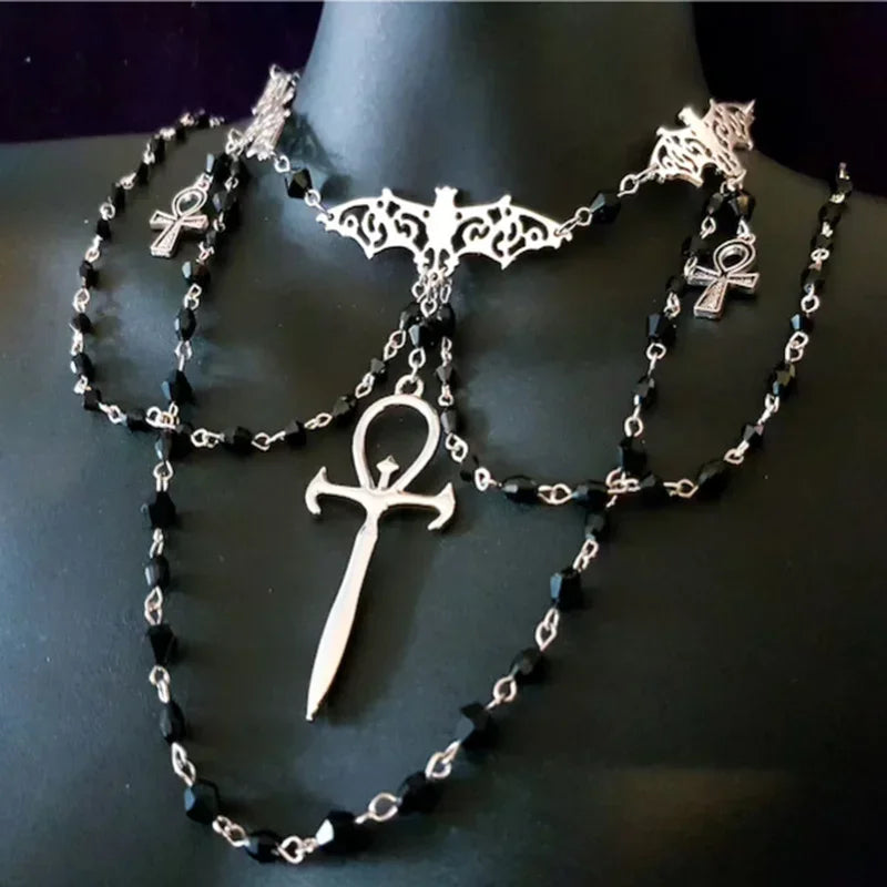 Gothic Alt Goth Ankh Cross Bat Rosary Choker Necklace