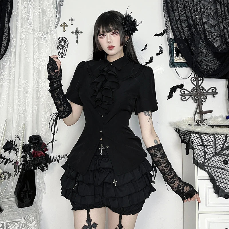 Gothic Dark Academia Goth Vintage Ruffle Short Sleeve Blouse