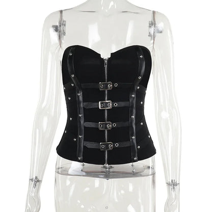 Gothic Faux Leather Buckle Strapless Corset Top