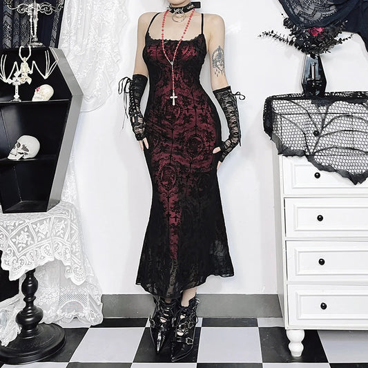Gothic Victorian Goth Flocking Sling Fishtail Dress