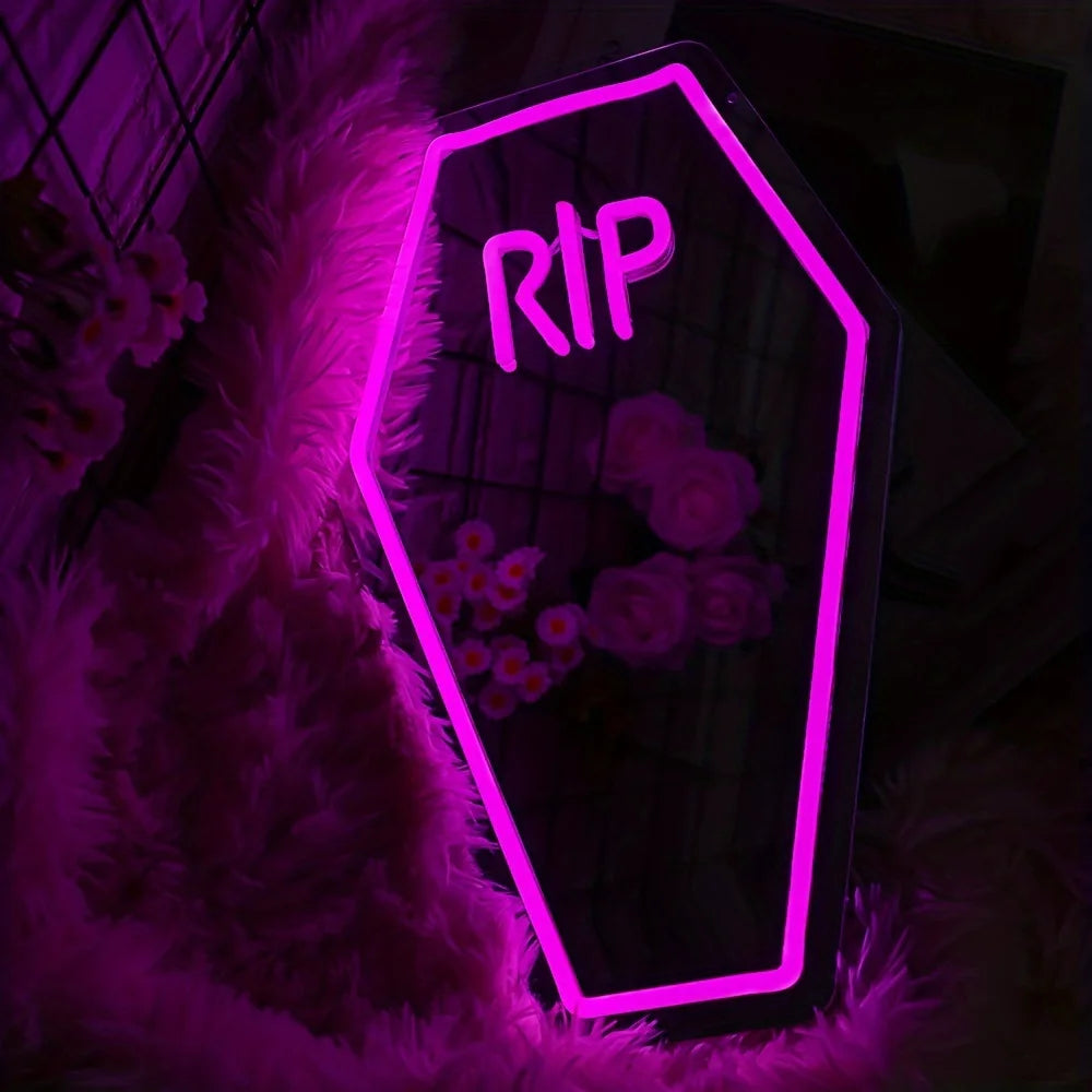 Gothic Vampire RIP Coffin Mirror Decor LED Neon Light