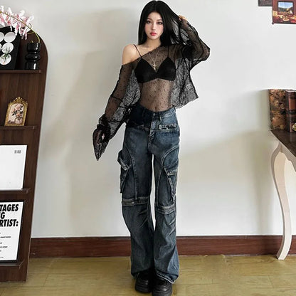Gothic Y2K Alt Fishnet Mesh See Through Long Sleeves Top