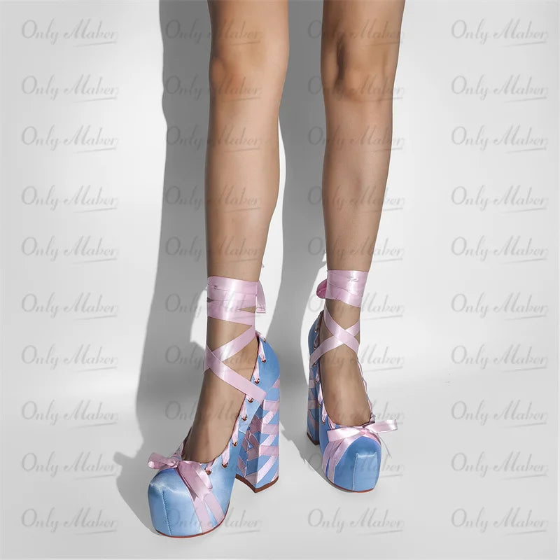 Gothic Lolita Harajuku Bow Ribbon Lace-up Ballet Pumps Platform Heels Shoes (available in 12 colors)