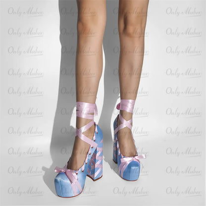 Gothic Lolita Harajuku Bow Ribbon Lace-up Ballet Pumps Platform Heels Shoes (available in 12 colors)