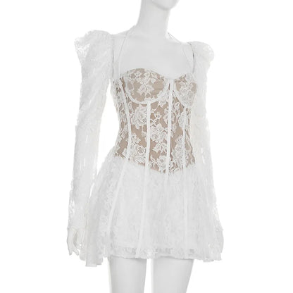 Gothic Romantic Goth Puff Sleeve Corset Waist White Lace Mini Dress